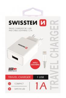 Swissten hálózati töltő adapter + lightning kábel, 1 USB port, 1 A, fehér