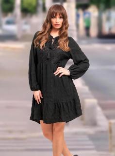 Gyűrt hatású, horgolt elejű női ruha (fekete)